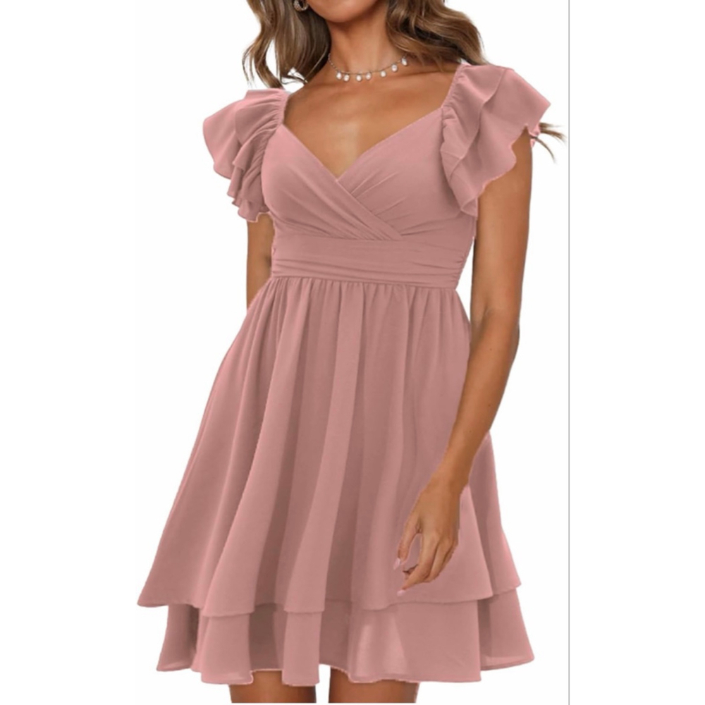 NEW Pink Wrap V Neck Flutter Sleeve Double Layer Mini Dress XL